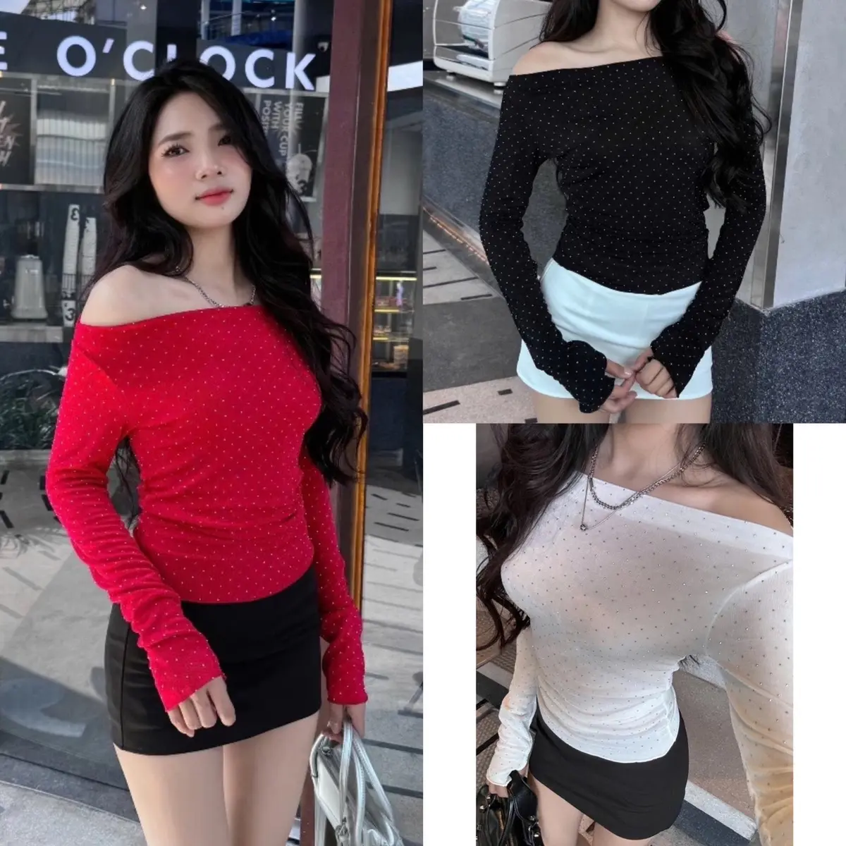 (Bigsize45-90kg) Áo Thun Nữ Tay Dài LỆCH VAI ĐÍNH ĐÁ Tôn Dáng Dễ Phối Đồ Top Women
