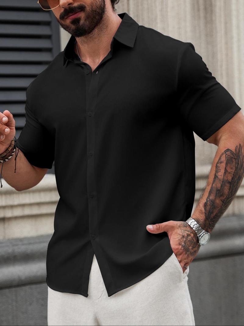 Product Introduction of Men's Regular Fit Solid Button Front Shirt, Casual Short Sleeve Collar Shirt for Summer, Fashion Men's Top for Daily Wear, Menswear 14