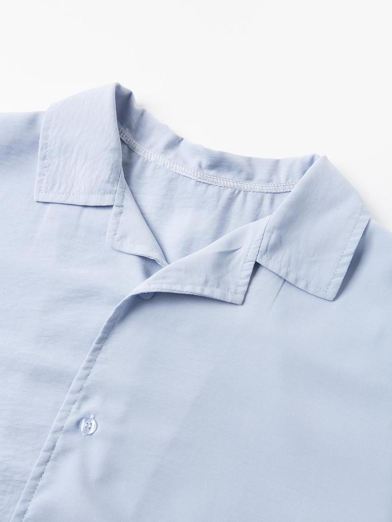 Product Introduction of Men's Solid Button Front Shirt & Drawstring Waist Shorts Set, Regular Fit Short Sleeve Lapel Neck Top & Pocket Design Shorts, Casual Fashion Cozy Breathable Men Two-piece Outfits for Summer, Clothing 6