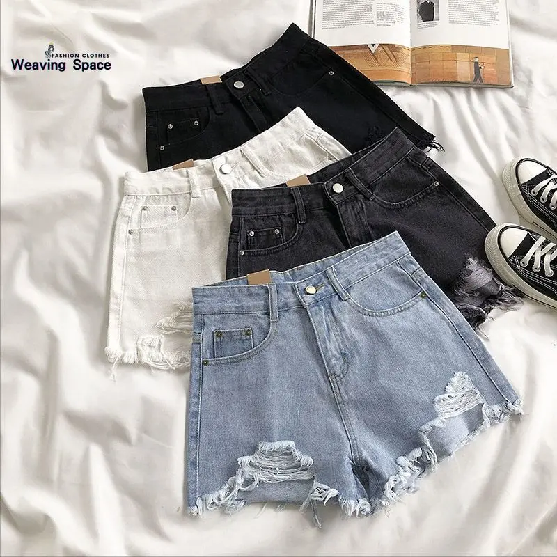 Quần Short Denim, Cạp Cao, Dành Cho Nữ, Hàng Mới Về, Mỏng Vừa Vặn, Dáng Rộng Vừa Vặn, Ống Rộng, Kiểu Rách