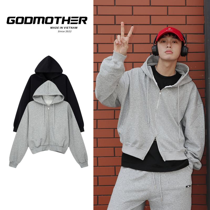 KHÔNG XÙ LÔNG Hoodie Zip Form Boxy GODMOTHER Nỉ 2 Da Khóa 2 Đầu Chống Nắng Unisex Phong Cách Hàn Quốc Đen - Xám