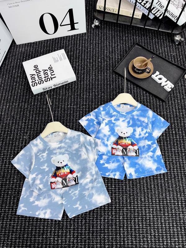 Bộ cộc tay mùa hè vải cotton loang in hình gấu cầu vồng 2 màu cho bé 6-18kg 1