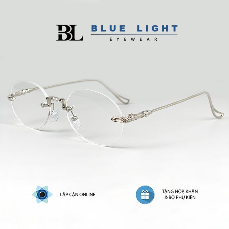 BLUE LIGHT - Kính Viễn/Lão Không Viền, Gọng Khoan Bạc Mắt Bầu Dục Nhỏ, Oval Dẹt Họa Tiết Lắp Sẵn Mắt Độ Viễn, Có Thể Lắp Cận