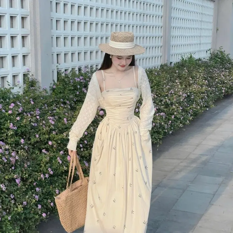 Sét đồ nữ 2 món đầm hai dây nhún ngực in nơ kèm áo khoác ren tay dài xinh xắn dễ thương 4