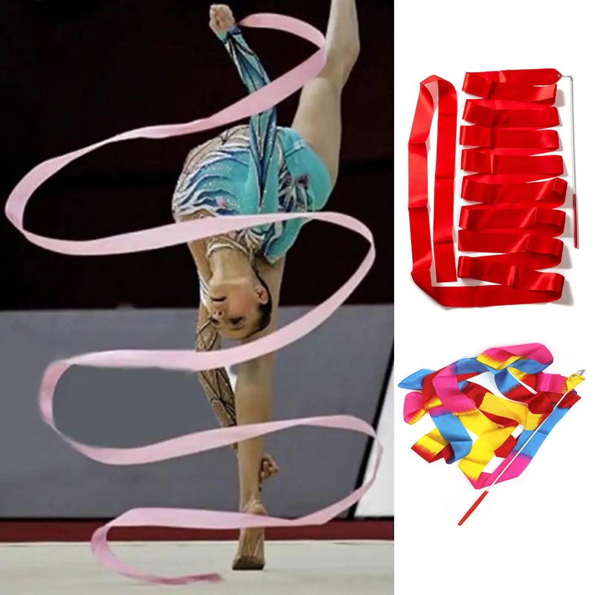 2m Twirl ribbon pita senam ritmik Berwarna-warni Pita panjang Twirl Ribbon + Stick Alat peraga latihan senam profesional