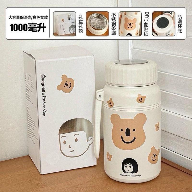 Bình Giữ Nhiệt Inox 1000 ml Nắp Vặn Gấu Nâu Tặng Kèm Sticker 6