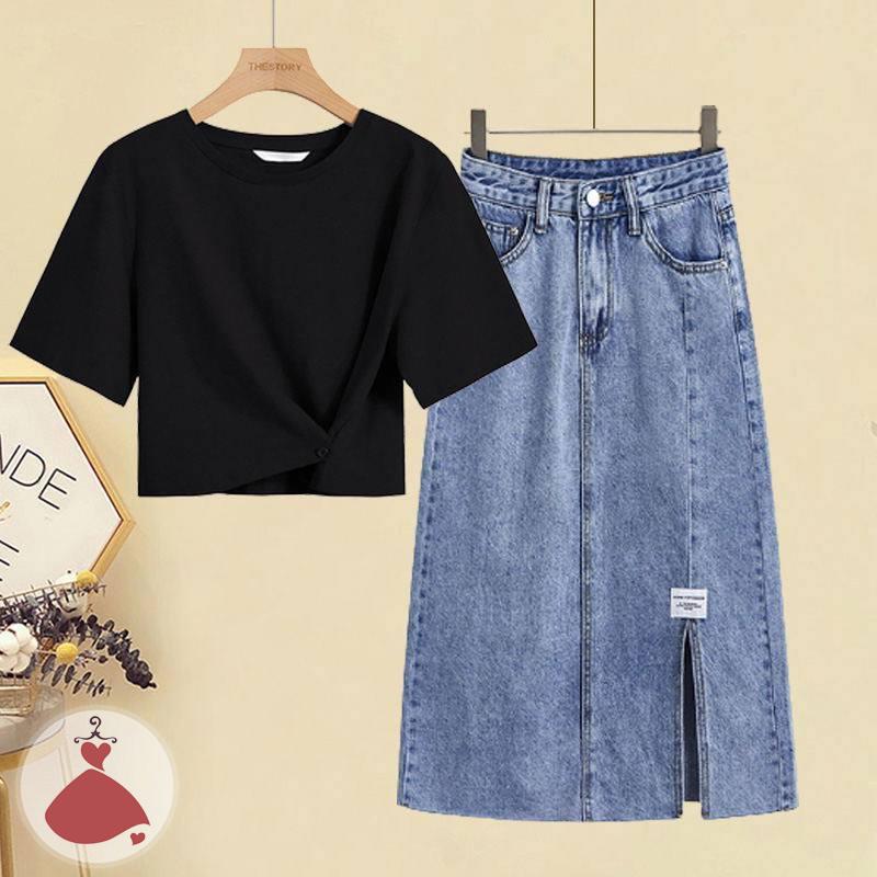 Set chân váy jean chân váy bò mix áo thun SOBIN Big Size chân váy jean nữ ST017