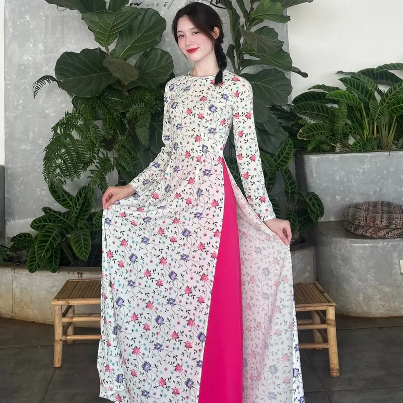 Bộ áo dài lụa in 3D cao cấp kèm quần lụa sang trọng. Women Nữ 3