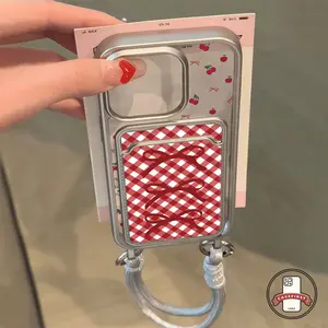 Case HP Kompatibel Untuk IPhone XR 11 13 15 12 14 Pro Max 7Plus X XS MAX 14 15 8 7 6 6s Plus SE 2020 Tempat Kartu Ceri Pita Kotak-kotak Kreatif Lanyard Tahan Guncangan Transparan Soft Cover