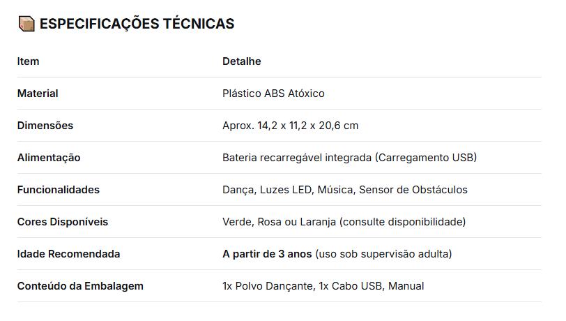 Polvo Dançante Inteligente com LED: Canta, Dança e Evita Obstáculos Sozinho | O Companheiro Tecnológico e Divertido para Crianças