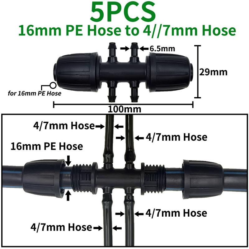 Product Introduction of WUJIE 5PCS 16mm 1/2'' PE Pipe Connector Splitter Tee Coupling Threaded Lock to 4/7mm 3/5mm Hose Garden Watering Drip Irrigation 1