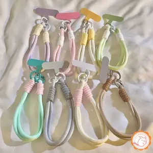 Tali Anyaman Pemblokiran Warna Sederhana Gelang Pendek Gesper Ganda Tali Lanyard Casing Ponsel Universal Gelang Trendi
