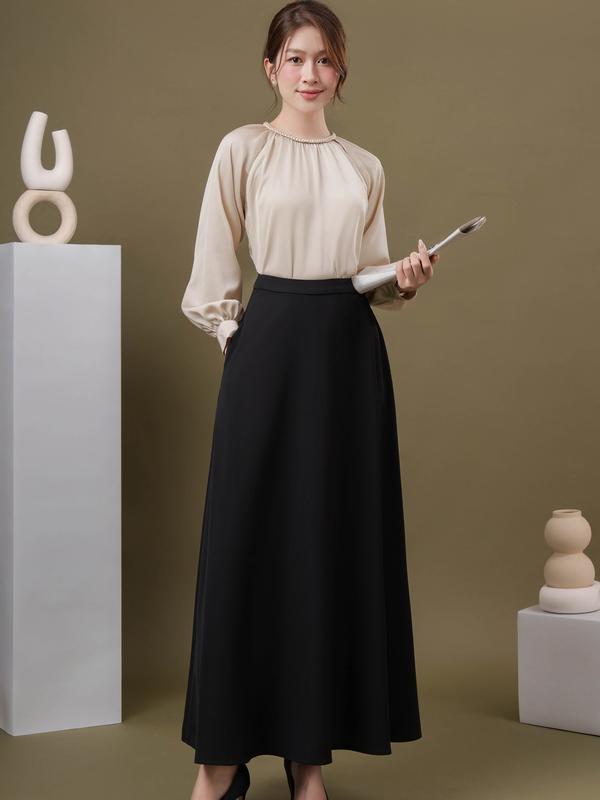 ÁO LỤA TAY DÀI CỔ THẮT BÍM - KEM ĐEN HỒNG a529 Nữ Women Top Sơ Mi Cổ Tròn Voi Voan