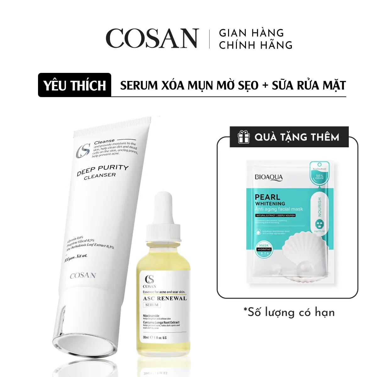 Combo sản phẩm Serum cải thiện mụn, hỗ trợ cải thiện sẹo  + Sữa rửa mặt Cosan