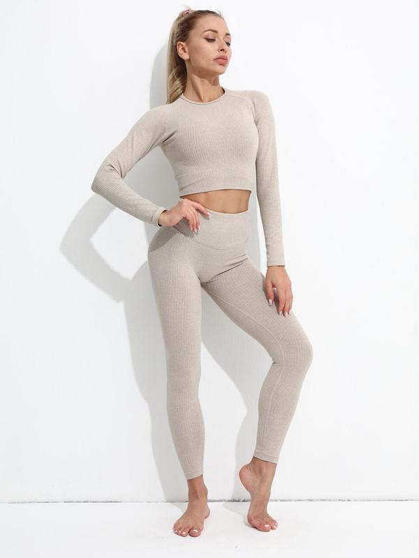 Two-Piece Set Women's Summer Plain Ribbed Sports Outfits Set, Round Neck Long Sleeve Sports Tee & High Waist Leggings Tracksuit Set, Sports Clothes for Workout Gym Yoga Fitness 3