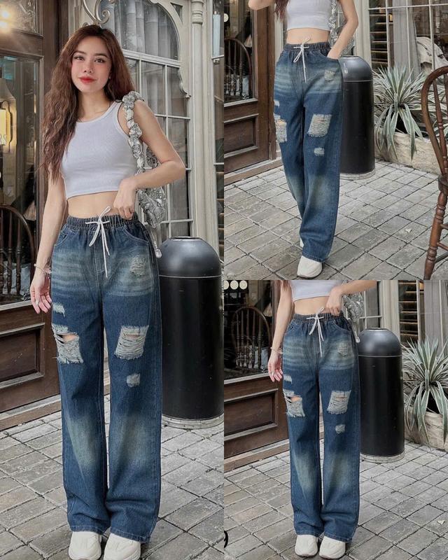 QUẦN JEAN NỮ LƯNG CHUN DÁNG SUÔNG XANH WASH LOANG MÀU ĐẬM NHẠT RÁCH TẠO MẢNG 2 BÊN THỜI TRANG TRẺ TRUNG NẶNG ĐỘNG Pants Women Women Pants Ong