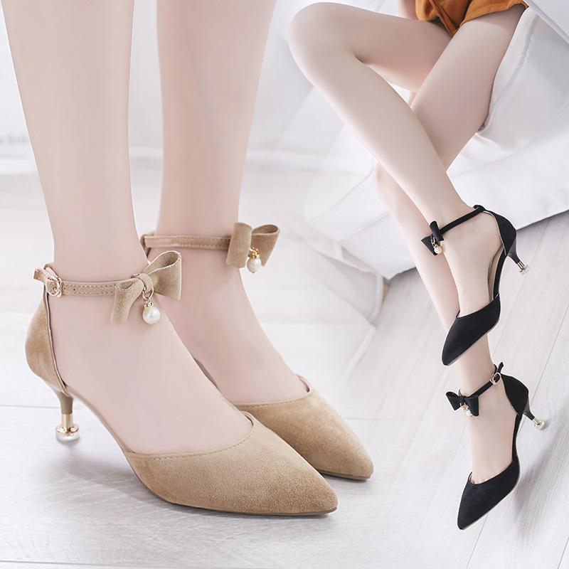  Giày cao gót nhọn 7p BÍT mũi da nhung cổ nơ 1 hạt BM44 Shoes Nữ 