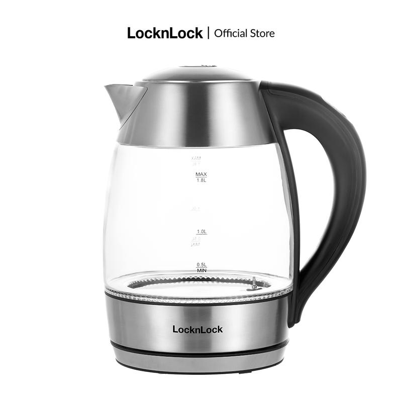 Ấm đun siêu tốc thủy tinh LocknLock EJK341 1.8L - Thép không gỉ, Đèn led báo mức nhiệt, Nút mở nắp - Hàng chính hãng