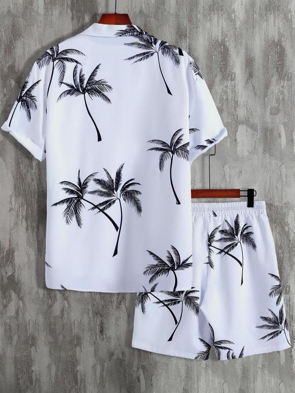 Two Counts Men's Coconut Tree Print Shirt & Pocket Drawstring Shorts Two-piece Set, Summer Clothes, Regular Fit Tropical Print Two-Piece Outfit, Summer Beach Vacation Clothes Set 1