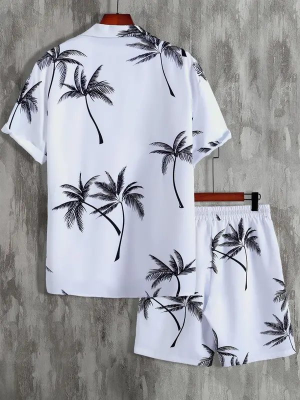 Two Counts Men's Coconut Tree Print Shirt & Pocket Drawstring Shorts Two-piece Set, Summer Clothes, Regular Fit Tropical Print Two-Piece Outfit, Summer Beach Vacation Clothes Set 1