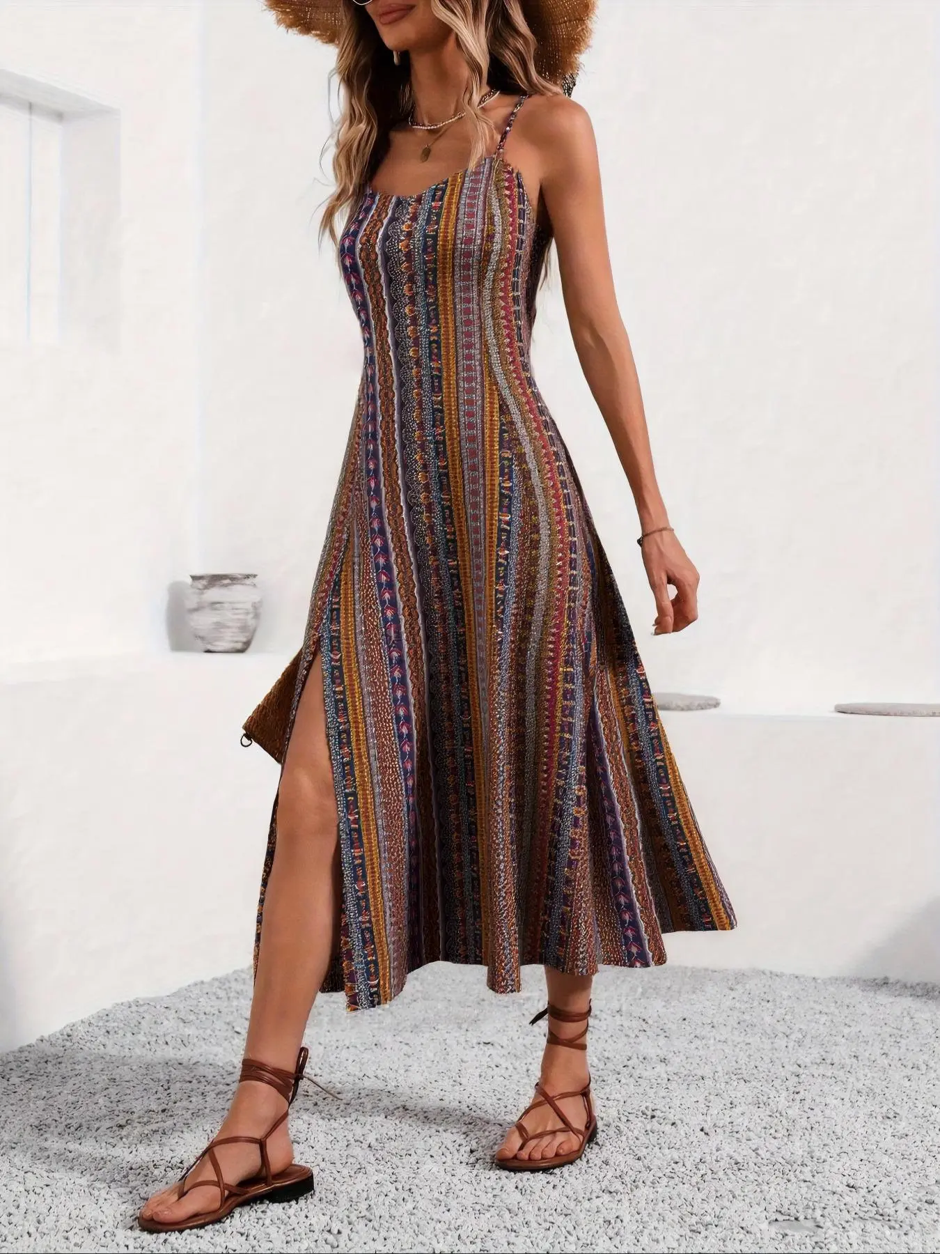 Women's All Over Ethnic Pattern Backless Split Thigh Cami Dress, Boho Fashion Casual Sleeveless Long Dress for Beach Holiday Vacation, Ladies Dress for All Seasons