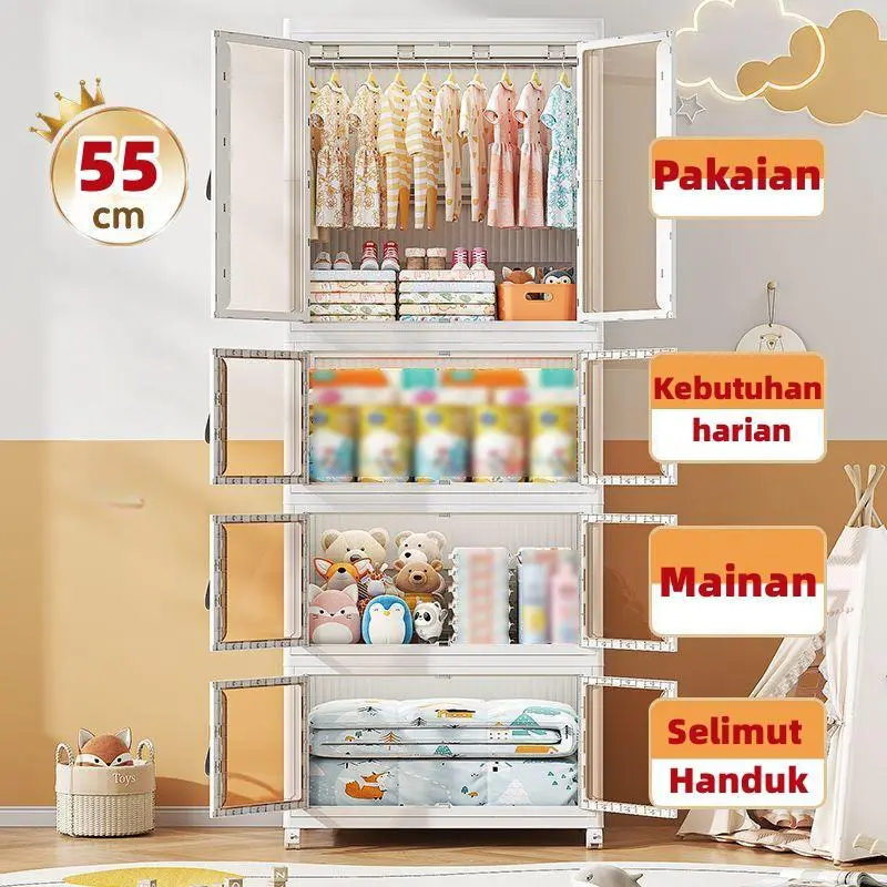 Lemari Pakaian Multifungsi Lemari penyimpanan kebutuhan sehari-hari Lemari makanan ringan Lemari Rumah Lemari Mainan Dapat dilipat  Tanpa Instalasi Roda 360  Pintu Plastik Furniture rak kaca 3