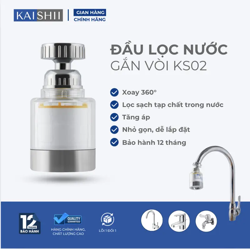 Bộ lọc nước Kaishii , Đầu lọc nước tại vòi tăng áp - xoay 360 mã KS02 0