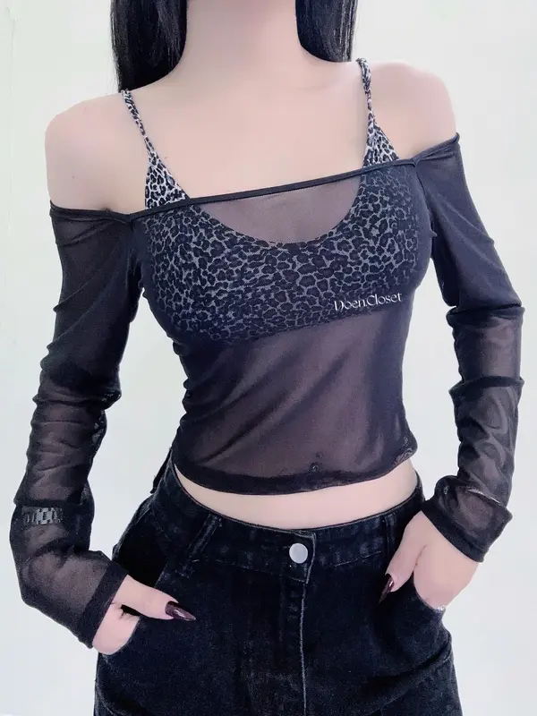 Áo 2 Dây Lưới Co Giản Kèm Áo Lót Beo Cá Tính Ôm Body Với 2 Phiên Bảng 2 DÂY và Tay Dài- DOÈNCLOSET Nữ Women Top 3