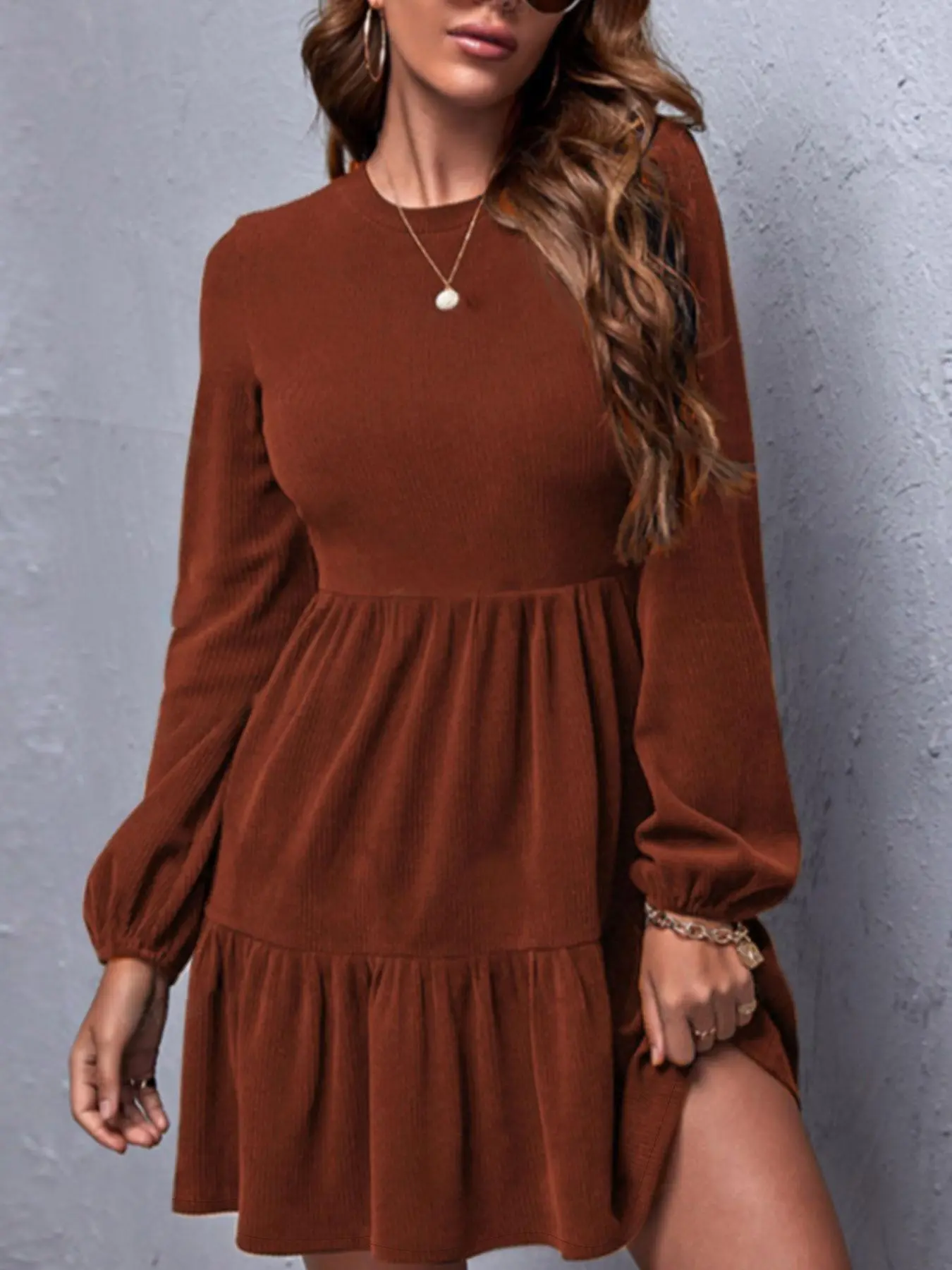 Women's Plain Ruffle Hem Long Sleeve Dress, Casual Round Neck Dress for Fall, Women's Clothing for Daily Wear