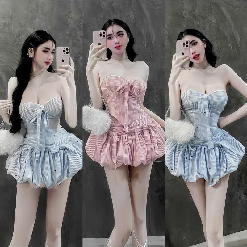 Set Kẻ Sọc Nơ Mix Áo Cup Thắt Nơ + Chân Váy Bí Nhún