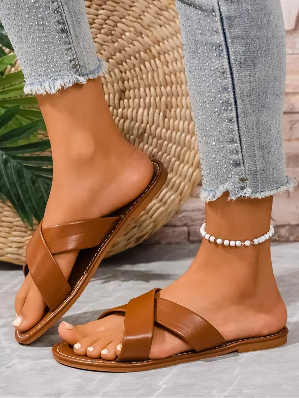 Women's Fashionable Plain Color Slides, Casual Comfortable Crossed Strap Slides for Summer, Lightweight Breathable Slides for Beach Vacation, Walking Shoes 1