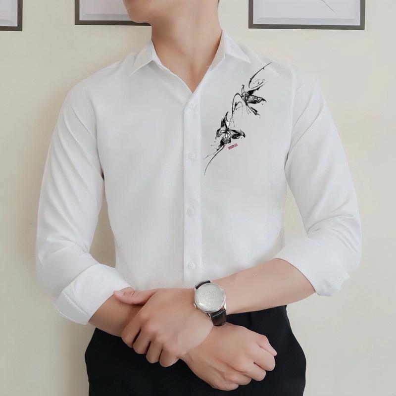 Áo Sơ Mi Nam Nữ In Hình “ Bướm Đôi “ Bên Ngực Trái Phong Cách Mẫu Mới 2025. Menswear Shirt