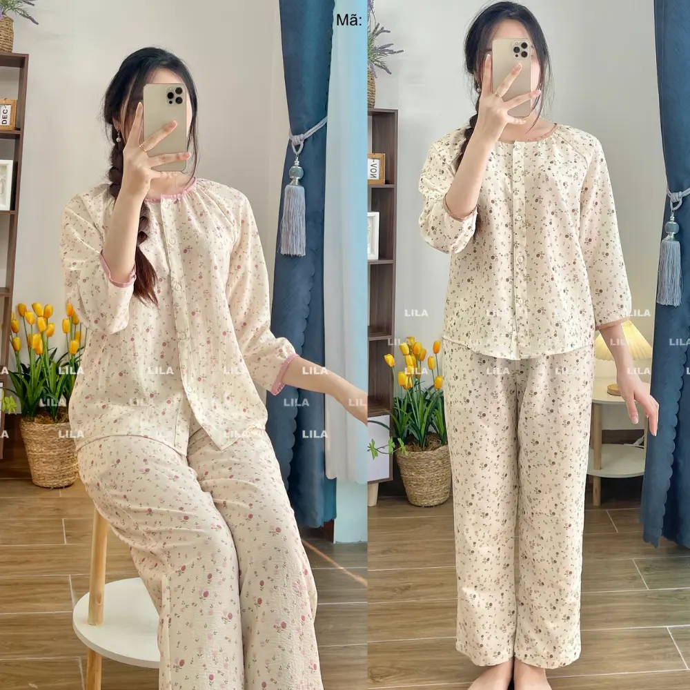 Bộ mặc nhà nữ dáng dài hoạ tiết hoa nhí chất liệu mềm mại