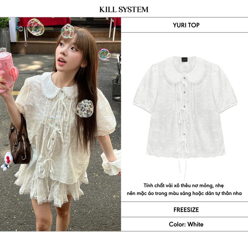 Áo Sơ Mi Babydoll Nữ cổ ren Yuri tay phồng phối nơ - Killsystem