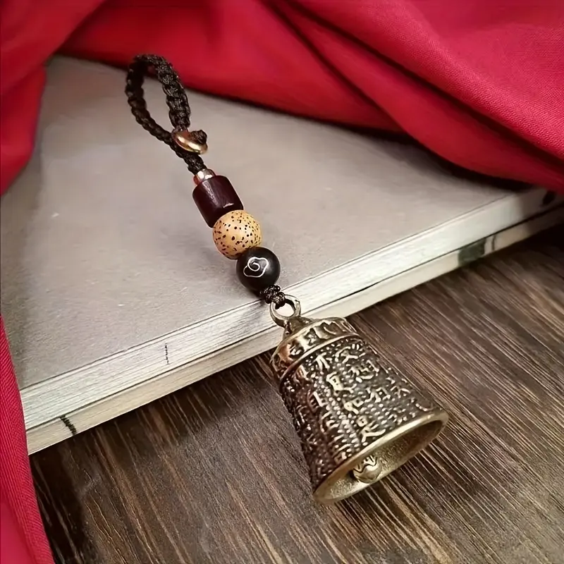 Vintage Brass Bell Key Buckle with Handmade Lanyard-Men's Fashion Car Key Ring Ornaments, Heart Sutra Copper Bell Accessory Chain Pendant Antique Lanyard Wind Chimes