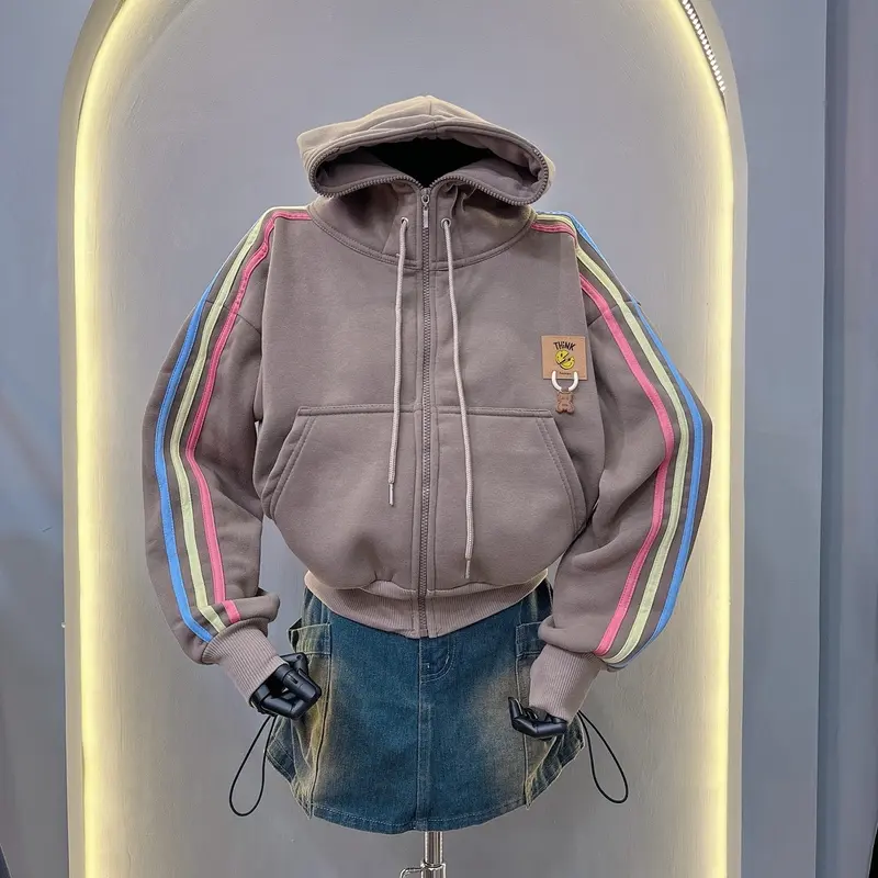 ÁO KHOÁC 3 SỌC THÊU LOGO GẤU 6 TÚI - nón to - dây kéo cao - xỏ ngón tay - size từ 38kg-65kg Nữ Jacket Women Top Nhung thông thường thường 0