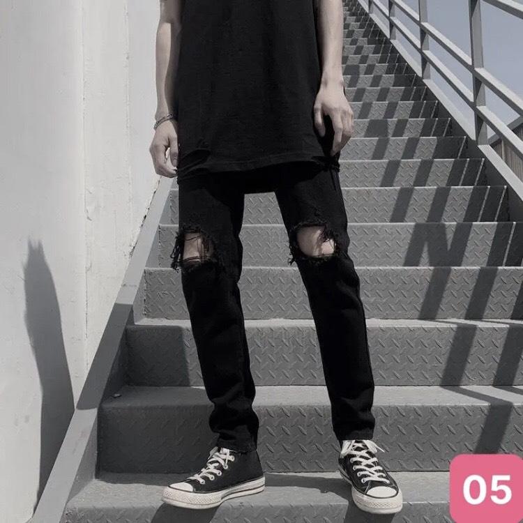 Quần jeans nam rách gối to boy phố màu đen đậm, quần bò nam co giãn cao cấp form skinny QJND05 Menswear Pants Có Túi jeannam