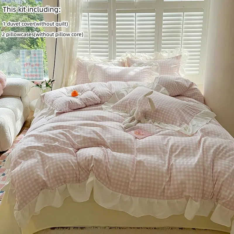 Pink Gingham Pattern Bedding Set, 3 Counts/set Including 1 Count Duvet Cover & 2 Counts Pillowcase without Filler, Soft Comfortable Bedding Set for Home Bedroom, Machine Washable Duvet 7