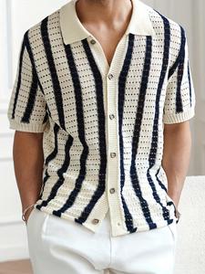 Men's Striped Print Cardigan, Regular Fit Casual Short Sleeve Knitwear for Summer, Fashion Men's Knit Clothing for Daily Wear, Tops