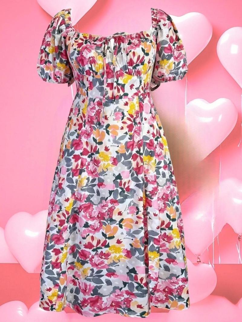 Product Introduction of Back To School Womenswear Plus Size Fruit Print Puff Sleeve Dress, Casual Wear Shirred Split Thigh A Line Dress for Daily Holiday Vacation Wear, Chic Dresses for Women, Women Plus Clothing for Summer,  Clarasummers14 Dress 18