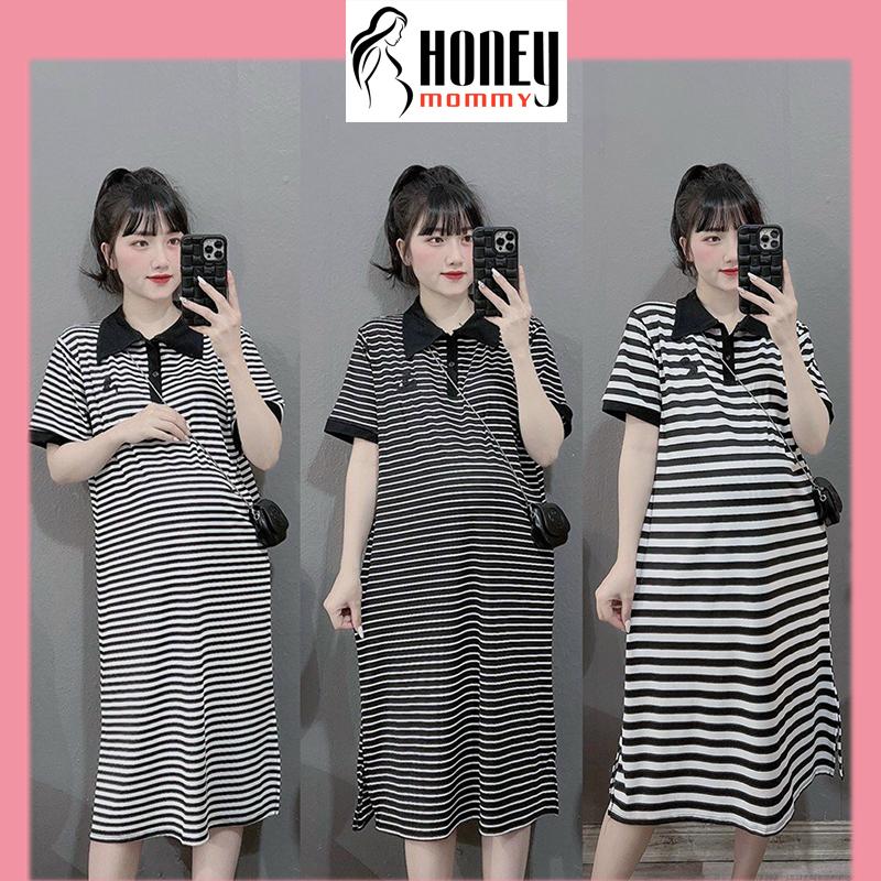 Đầm Bầu Váy Bầu Váy Polo Có Cổ Kẻ Ngang Dáng Suông Chữ A Mùa Hè Chất Cotton Xinh Xắn Lịch Sự HD2802 Honey Mommy Nữ Women Dress