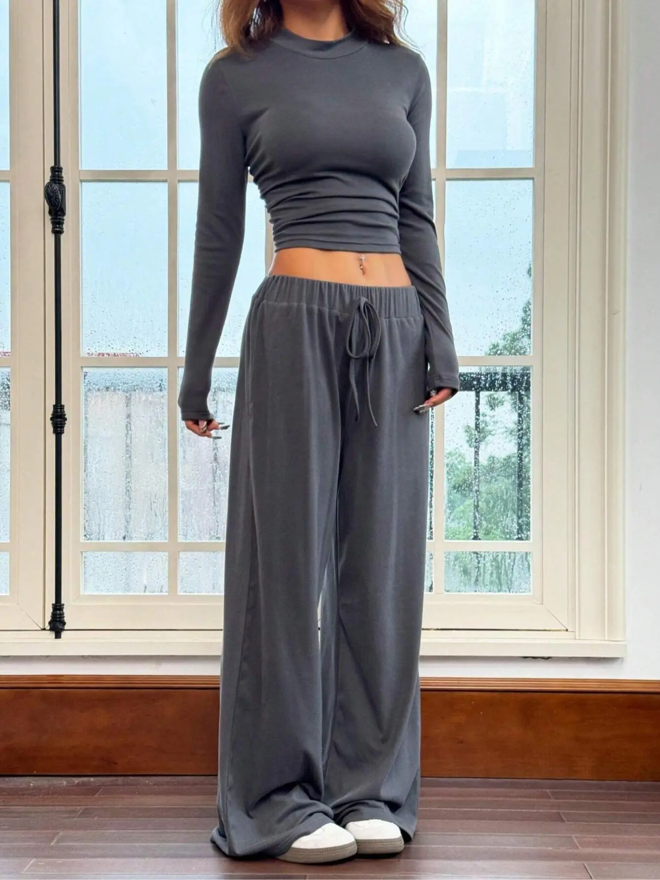 Women's Solid Long Sleeve Tee & Wide Leg Pants Two-piece Set, Elegant Fashion Casual Round Neck Top & Drawstring Waist Trousers for Daily Outdoor Wear, Women's Clothing for Spring & Fall