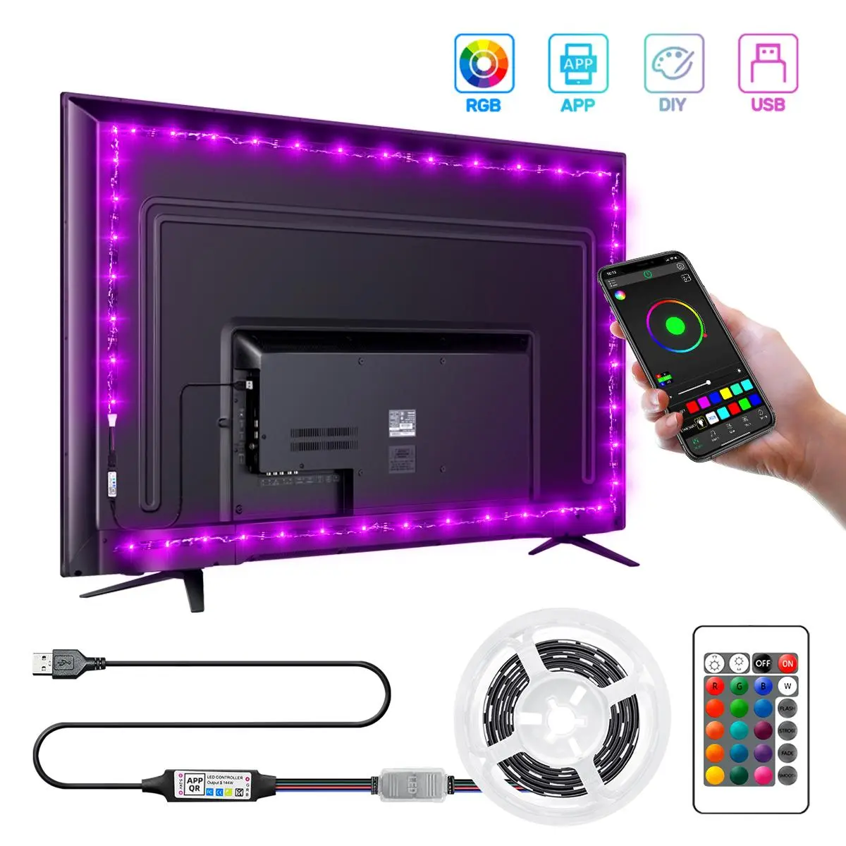 RGB LED Light Strip, 1/2/4 Counts Smart App Control Music Sync Light Strip with 24-key Remote Control, Perfect for Computer TV Cabinet Background Backlight
