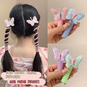 Karet Rambut Spiral Anak Tali Rambut Telepon Lucu Elastis Tidak Rusak Rambut Motif Perempuan Fashion Motif Kupu-kupu Cerah untuk Anak 3-10 Tahun
