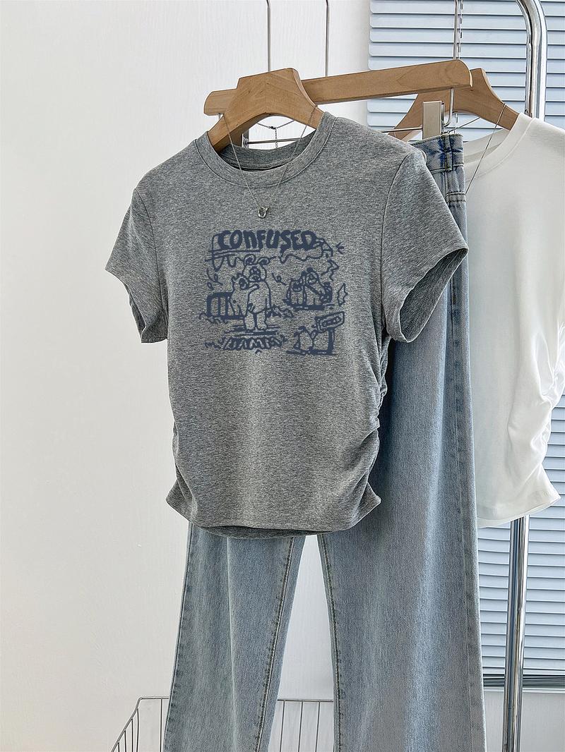 Product Introduction of Short pleated women's T-shirt waist design sweet short-sleeved summer cotton round neck top 8