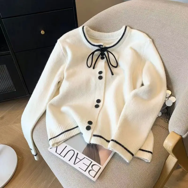 Áo Len Cardigan Nơ Dáng Rộng Kafuu, Phong Cách Pháp, Nhẹ Nhàng Và Thanh Lịch, Bó Sát, Áo Len Dệt Kim, Mùa Xuân 2024 croptop nữ 7