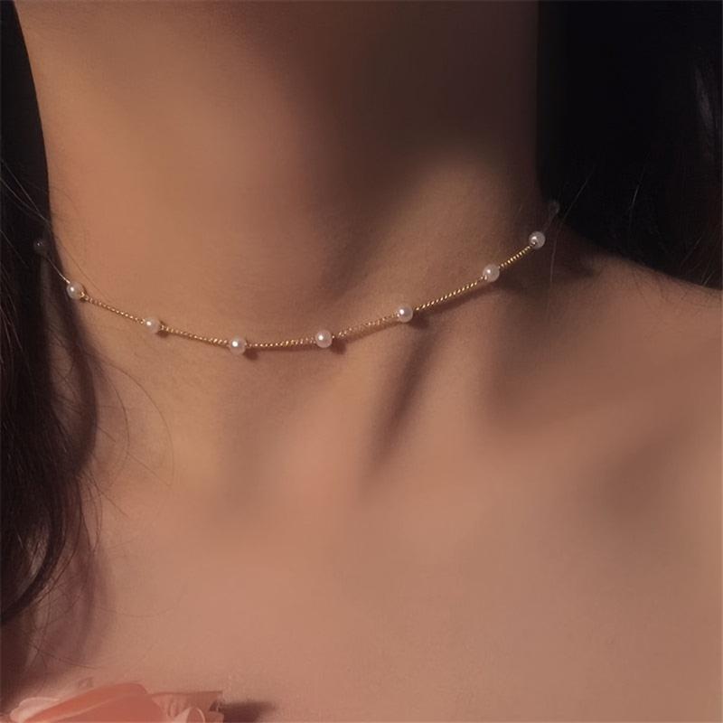 [1pc Simple Pearl Short Necklace] 1pc Simple Vacation Design Imitation Pearl Short Necklace For Women With A Neck Sticker 1