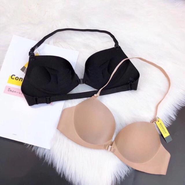 Áo Ngực Su Cài Trước Kèm Dây Trong Su Mềm Tạo Khe Cao Cấp Nâng Đẩy Bầu Ngực Full Size Cúp A B Màu Đen Da