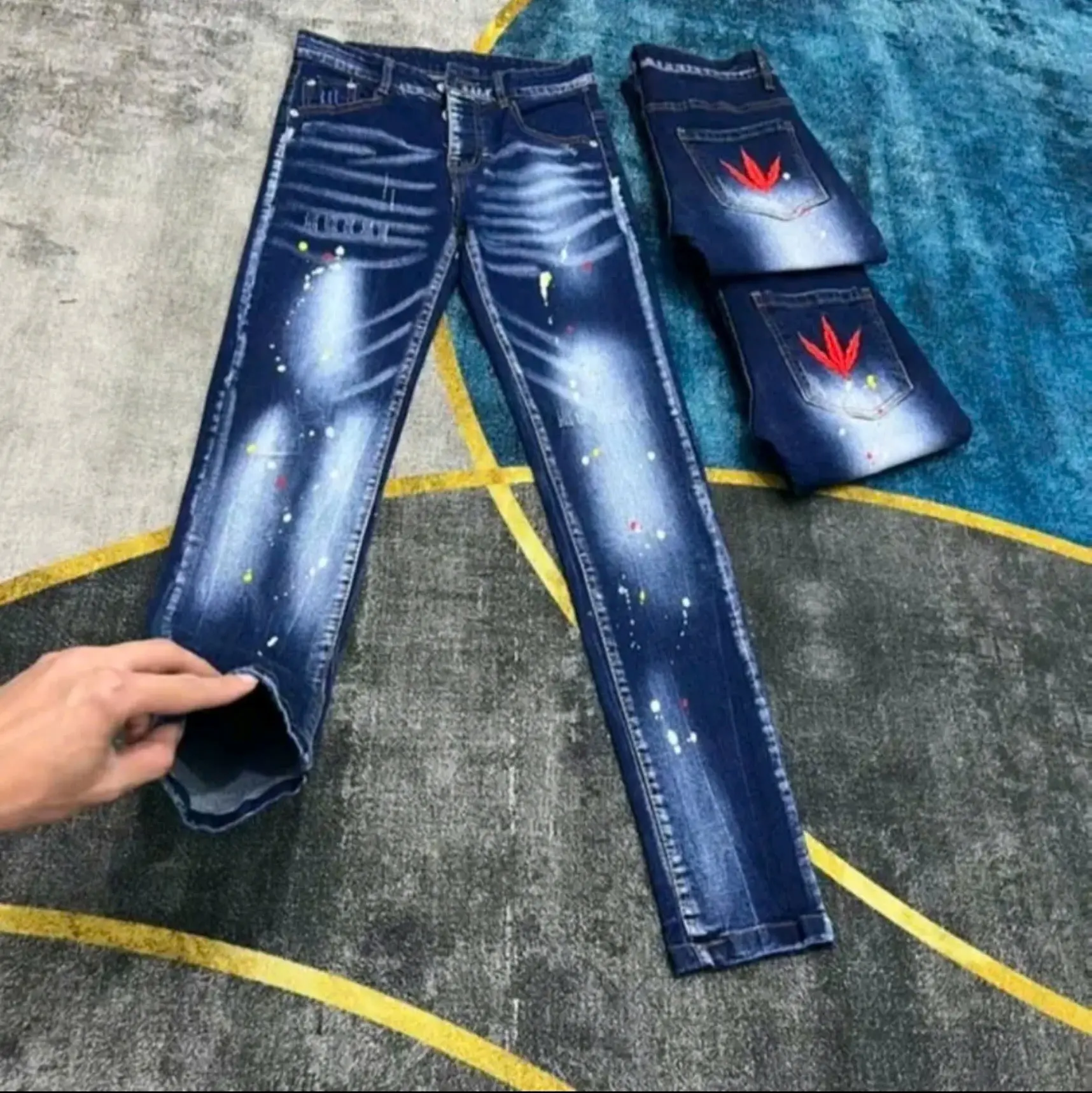 Quần jean nam xanh Đê quyy xanh lá phong đỏ 5 cánh bản BR 4 cúc trend Nam Pants