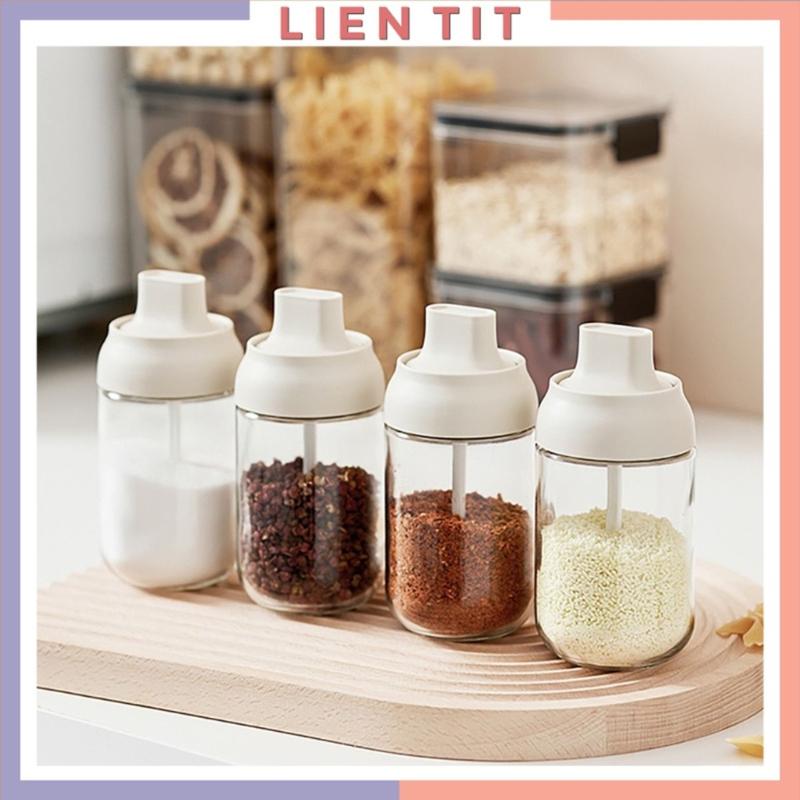 Hũ gia vị thủy tinh cao cấp, lọ đựng bột canh mì chính có thìa tiện lợi